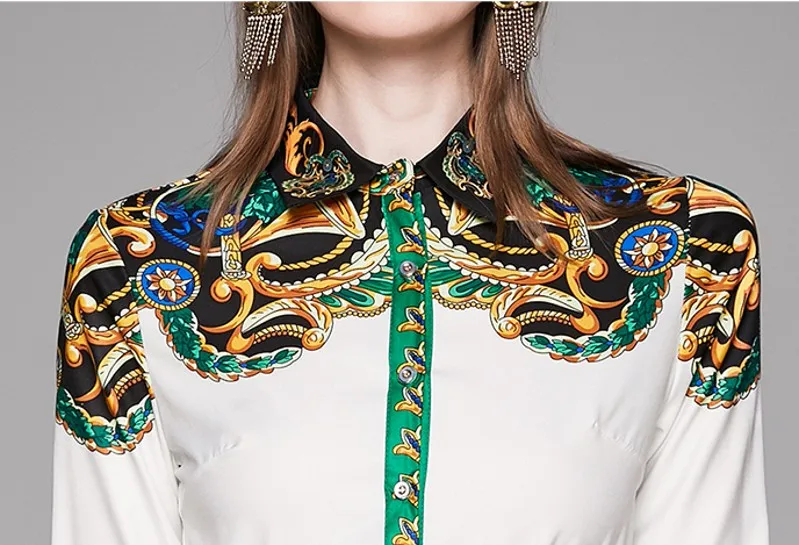 

spring Autumn Print Two Piece Skirt Set Women Long Sleeve Printed Shirt + High Waist Pleated Skirt Suits Women's Casual Set