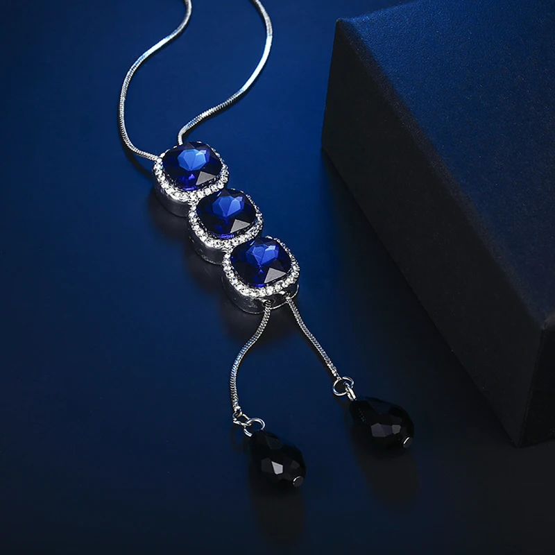 F&ampU colar Crystal Three Circles Blue Pendant Long Necklace Female Winter Sweater Chain All-match Accessories Fashion For Women |