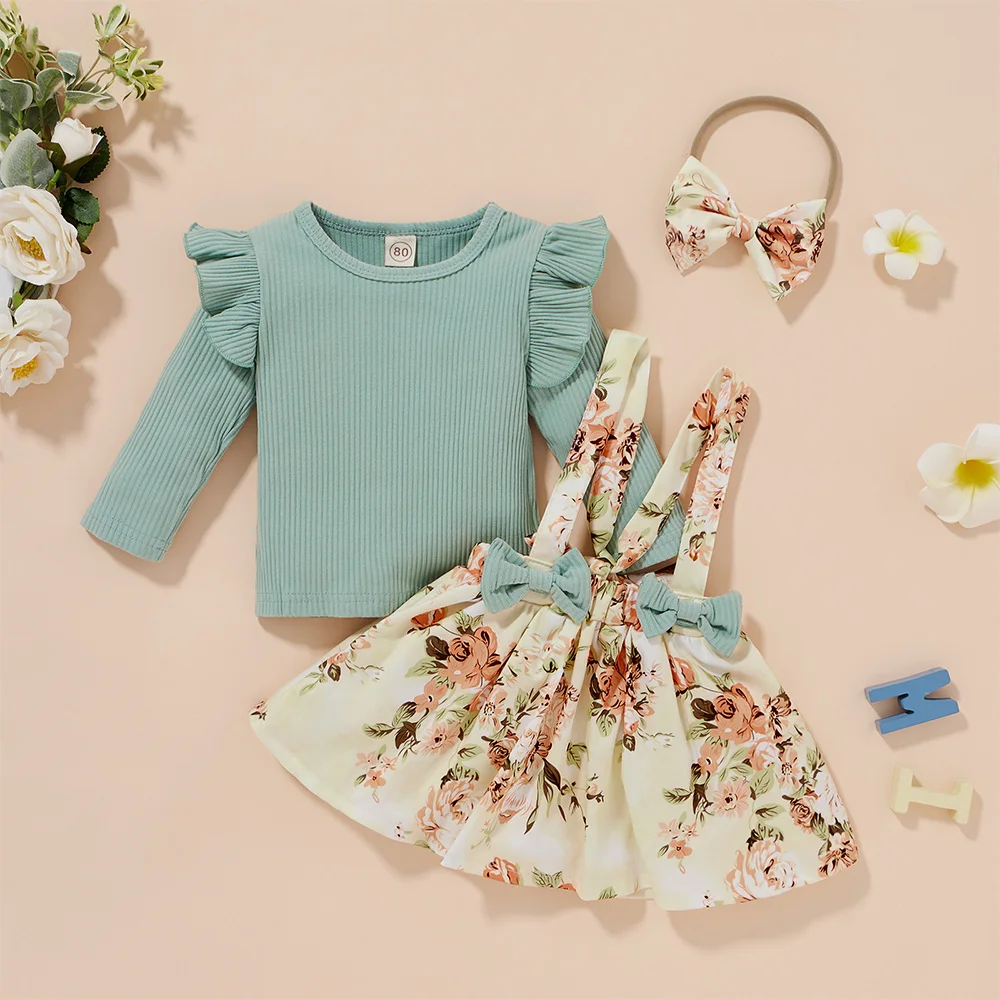 

3PCS Outfits Set Baby Girls Clothing Summer Sweet Solid Color Ruffle Long Sleeve Tops Floral Pritn Skirt Headband Clothes D30
