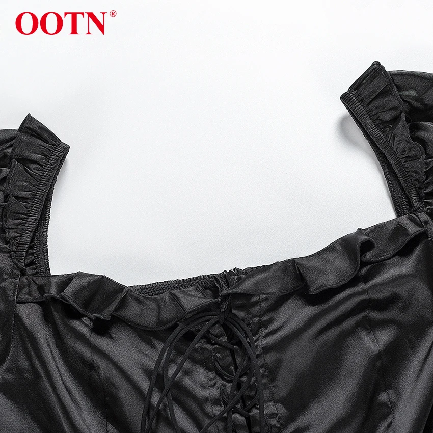 OOTN, сексуальное сатиновое платье с открытыми плечами и рюшами, мини-платье с рюшами и завязками, женское черное элегантное платье с длинным рукавом