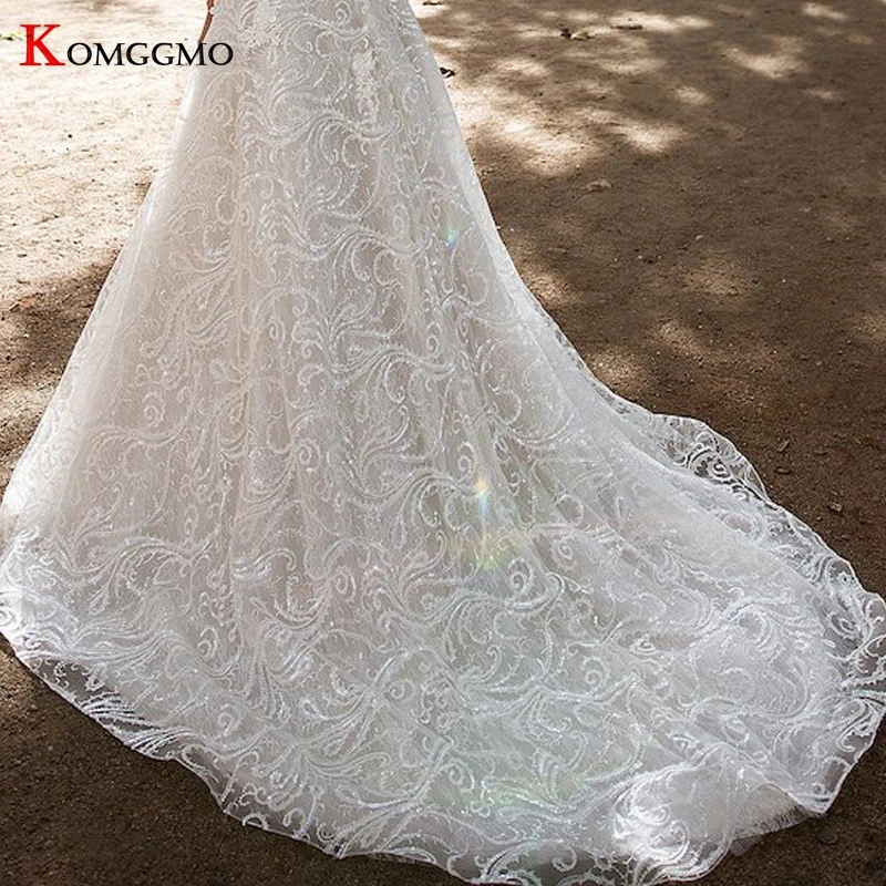 

100% Real Cap Sleeve Chapel Train Wedding Dress for Women Luxury Embroidery Appliques Tulle Scoop Neck Button Bridal Ball Gown