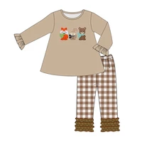 autumn girls clothes brown long sleeve skirt and brown plaid trousers fox squirrel and bear embroidery pattern girl clothes