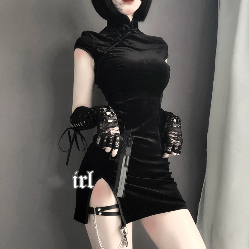 

Diablo Girl's Style clothing Retro short Sleeve Hem Split Punk Velvet Chinese Sexy Cheongsam Skirt High-waist Slimming Dress