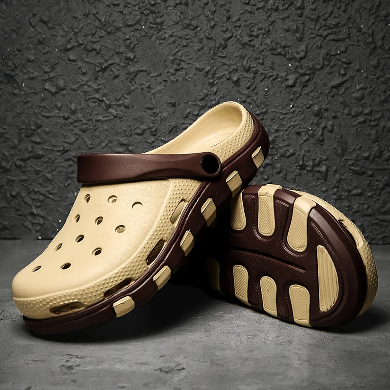 Мужские сандалии без застежки светло коричневые для сада дышащие удобные