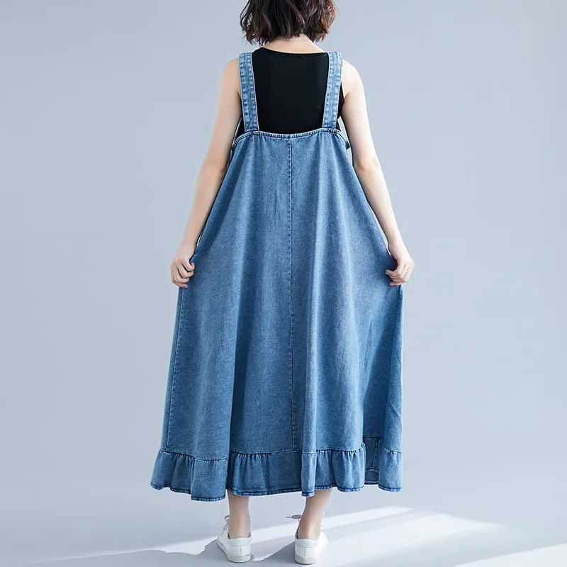 Suspenders Jean Dresses Ladies Loose Maxi Denim Dress Plus Size flare overall dress Baggy Cowboy Vintage Button Female Vestidos | Женская