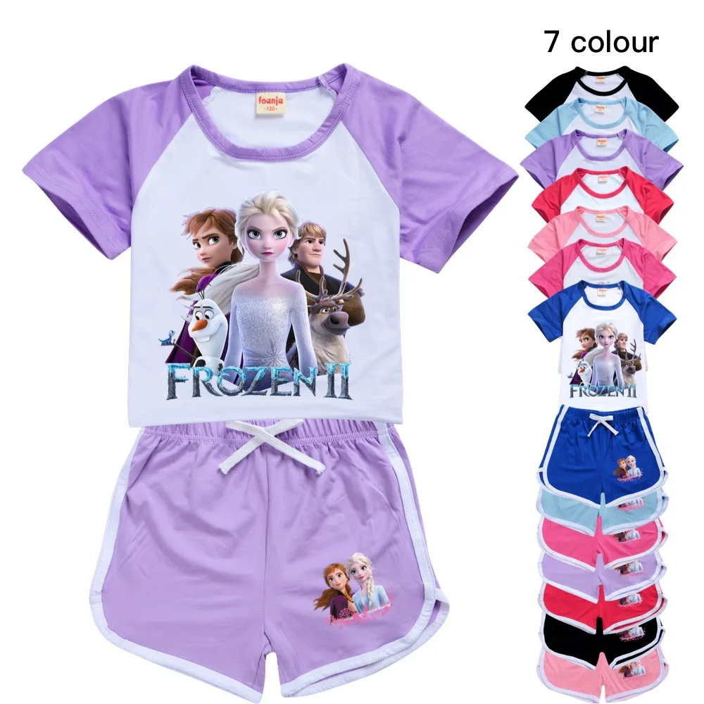 2021 Casual Baby Kid Sport Clothing Disney Frozen Anna Elsa Olaf Clothes Sets for Girls Baby Costumes Cotton T-shirt+Shorts Suit