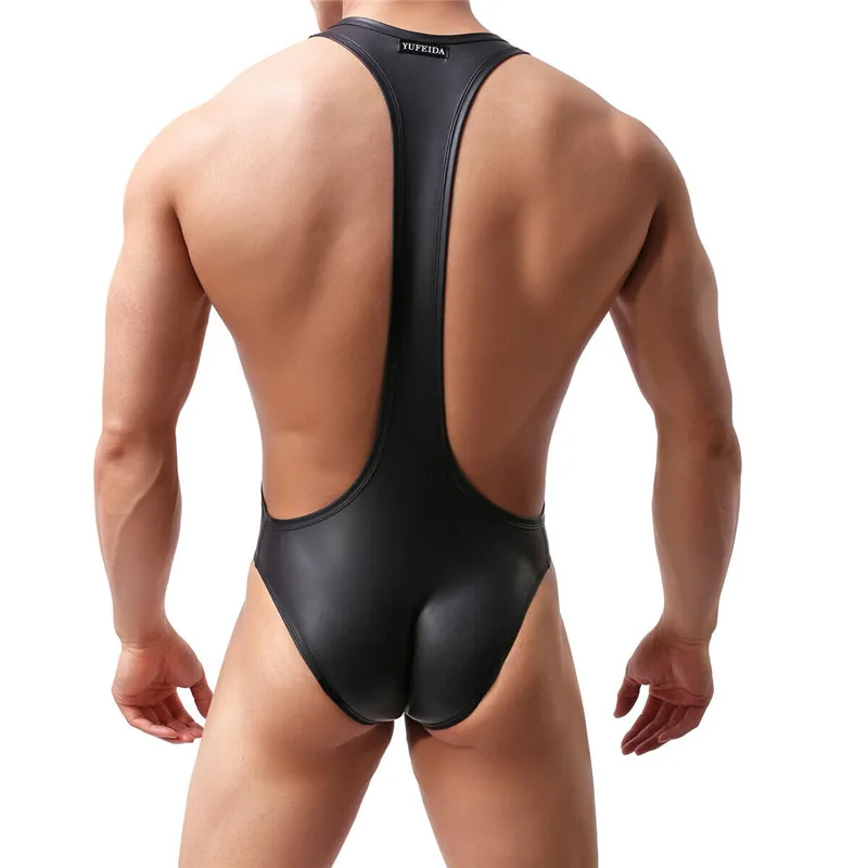 Сексуальное мужское нижнее белье черный комбинезон искусственное кожаное боди с