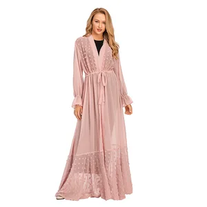 3d Dot Long Sleeve High Waist Dresses Women Turkish Islamic Cardigan Robe Muslim Abaya Robes Kimono Style Long Maxi Dress T1820