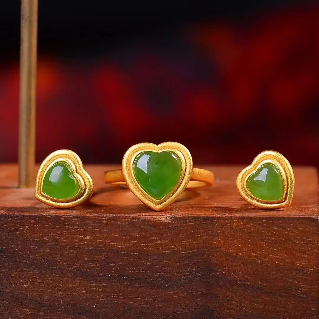 

Natural 925 silver inlaid Hetian jade heart-shaped ring and earrings