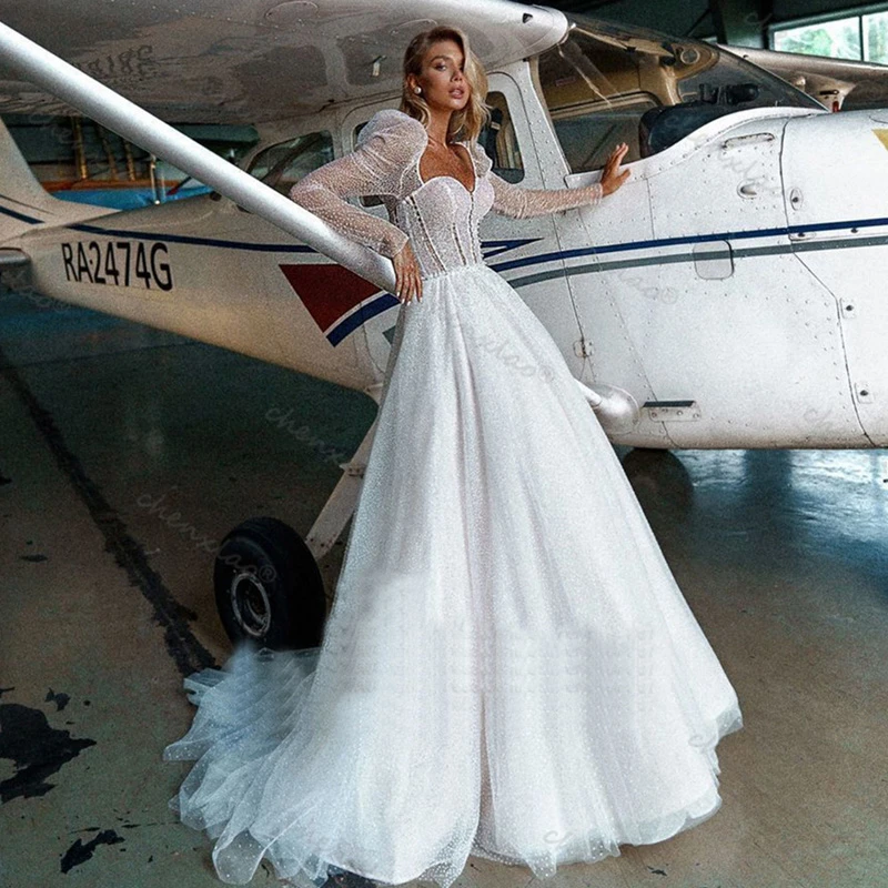 

Glitter Sparky Princess Wedding Dresses Long Sleeve Vestidos de Noiva Vintage Custom Made Bride Wedding Gowns