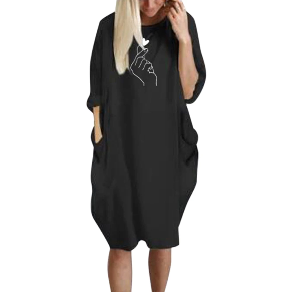 

VICABO Womens Dress Than-heart Printed Pocket Pink Robe Female O-neck Long Sleeve TShirt Dress Autumn Dresses
