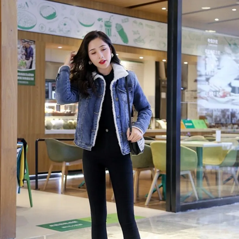 

Winter Denim Short Coats Women New Fashion Slim Long Sleeve Cotton Jean Jacket Thicken Warm Blue Female Outerwear XS-2XL