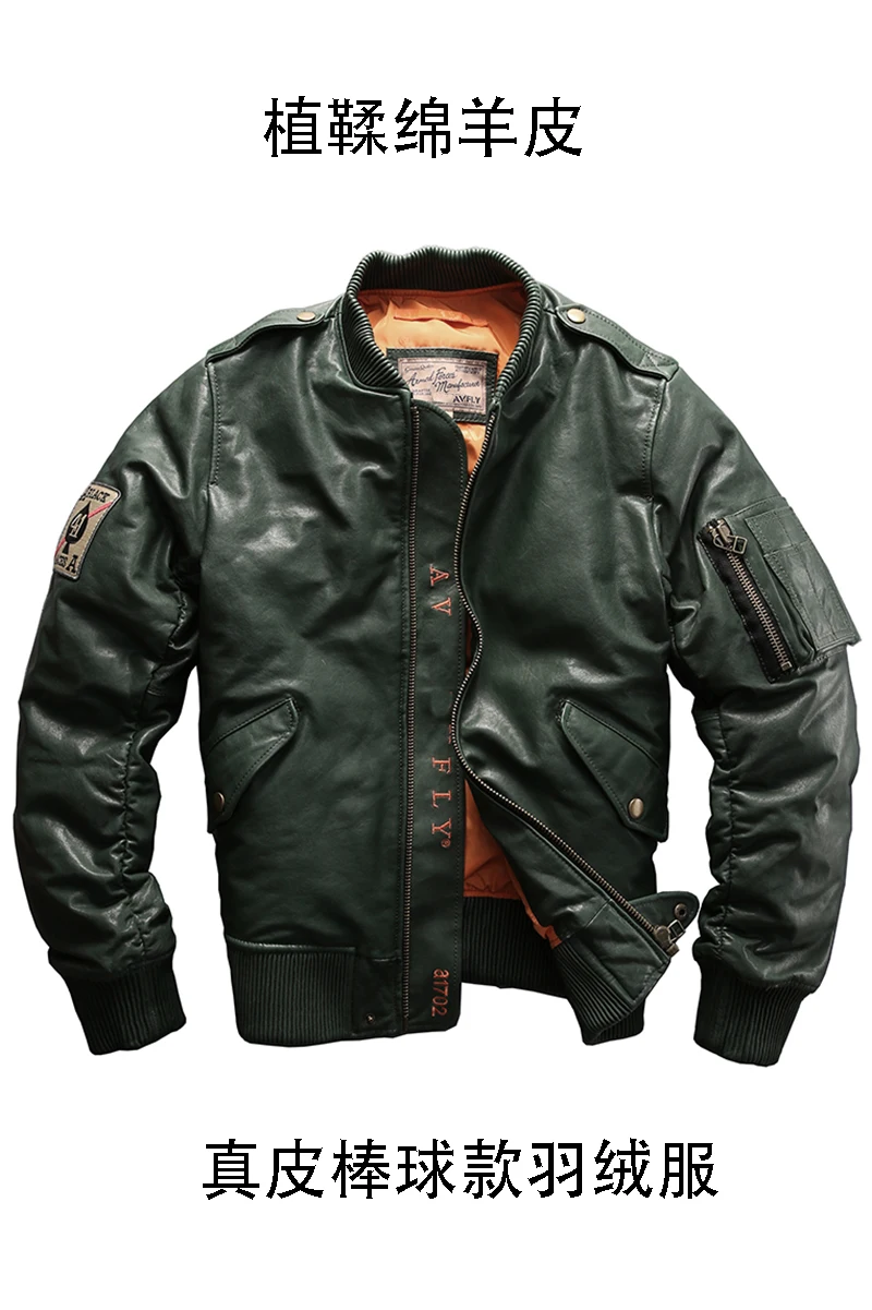 

Avirex fly brand genuine leather jacket men stand collar aviator winter coat men's sheepskin duck down baseball jakcet 7XL