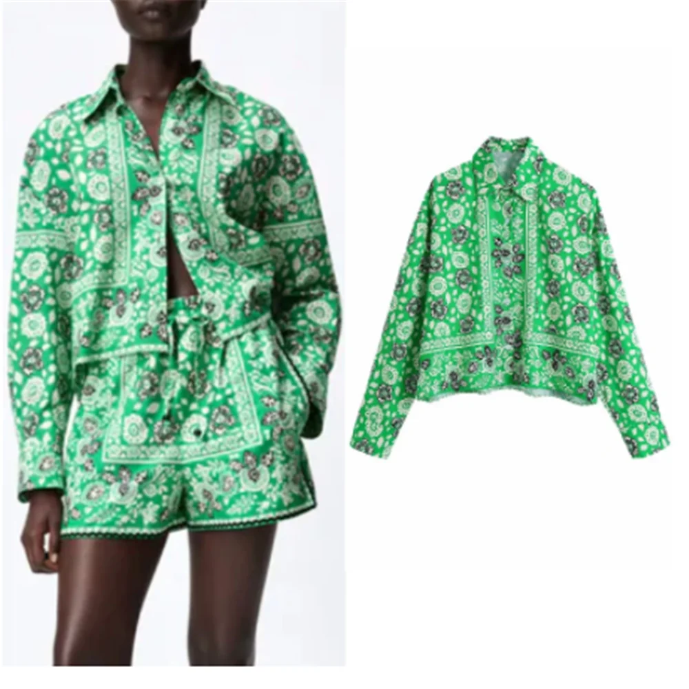 

ZA Women Short Blouse 2021 Summer Single Breasted Casual Tops Long Sleeve Floral Printed Turn Down Collar Female Loose Blouse