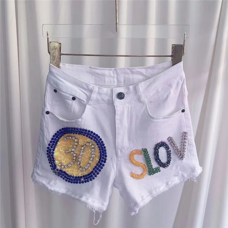 blingbling Rhinestone design Slim Summer Trendy Casual Shorts Denim Letter Pattern Short White Streetwear Jeans Shorts Female