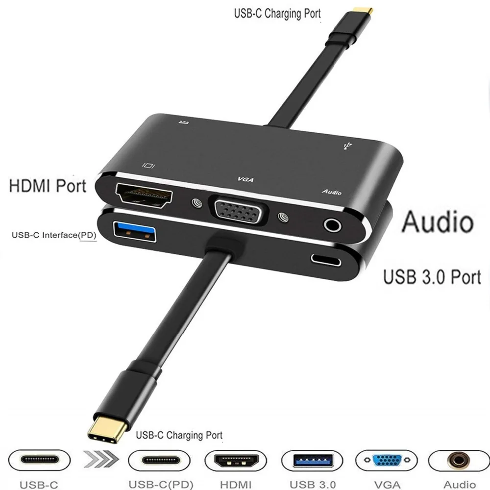 Адаптер 5 в 1 с USB C на HDMI совместимый адаптер 4K Type HD/VGA/Audio/USB 3 0 порт PD|Кабели VGA| |