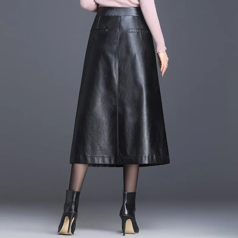 0563 Передняя однобортная юбка из искусственной кожи с высокой талией, Женская трапециевидная юбка средней длины, Женская юбка размера плюс 4XL, Женская Зимняя юбка из искусственной кожи