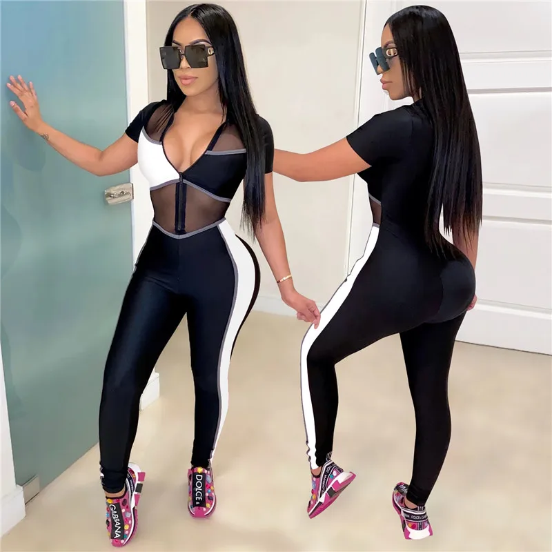 

CHRONSTYLEMesh Sheer See Through Patchwork Jumpsuit 2021 Sexy Women Long Sleeve Deep V-neck Front Zipper Romper Club Streetwear