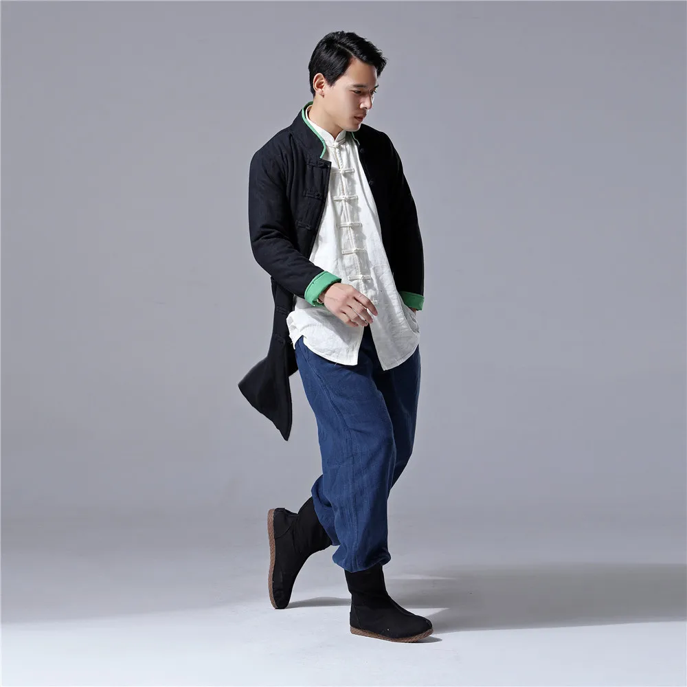 Осенне-зимнее мужское пальто в китайском стиле этническое льняное хлопковое