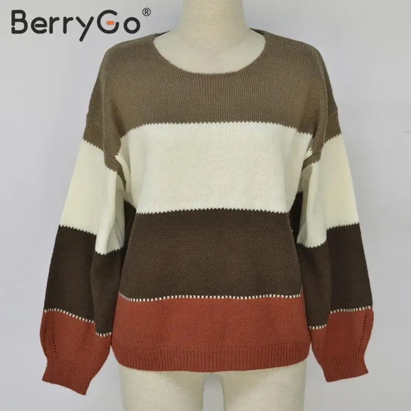 BerryGo Fashion color block pullovers women Autumn winter loose female jumpers sweater Casual ladies knitted tops | Женская одежда