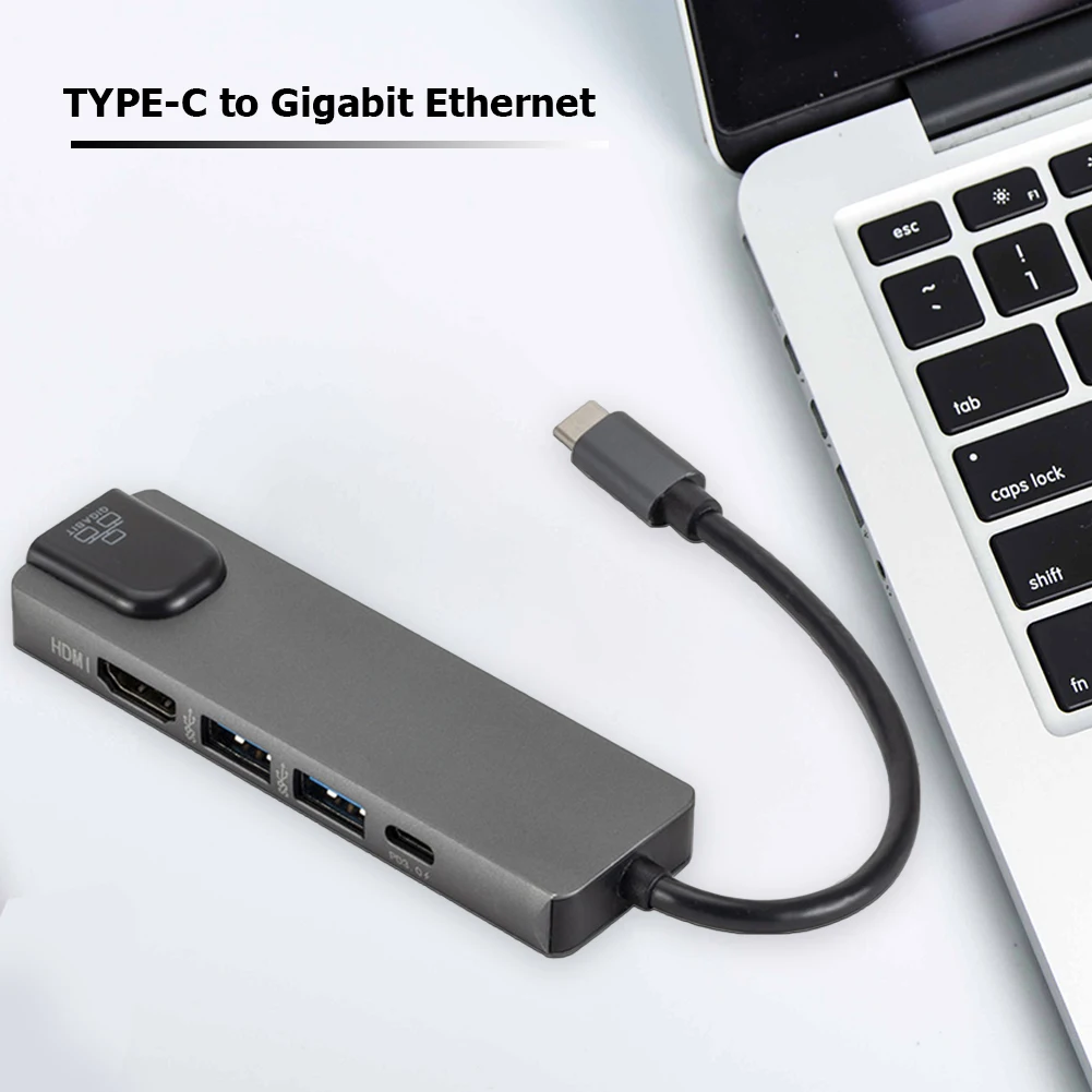 

Type C to HDMI-compatible Adapter 5 in 1 Hub PD USB C Gigabit RJ45 w/ 2 USB 3.0 Port Office Caring Computer Supplies