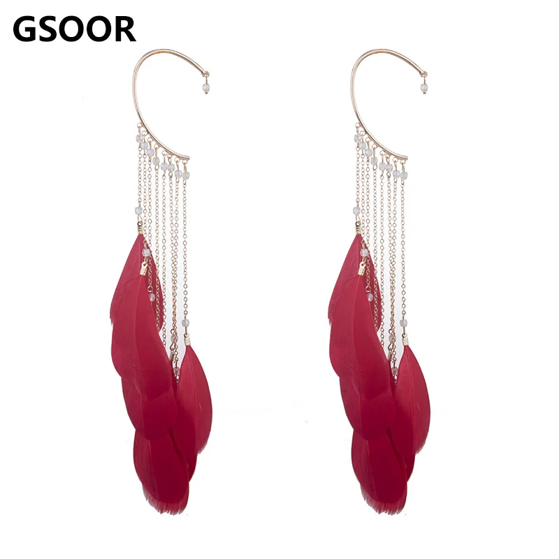 

Bohemian Long Feather Ear Cuff Hook Earrings for Women Temperament Without Piercing Tassels Dangle Earring Women's Jewelry
