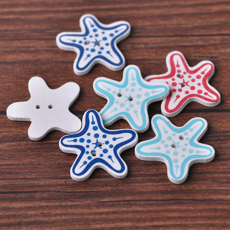 

50pcs 30x30mm Starfish Shape Wood Cartoon Handmade Wooden Buttons Bead Sewing Scrapbooking DIY