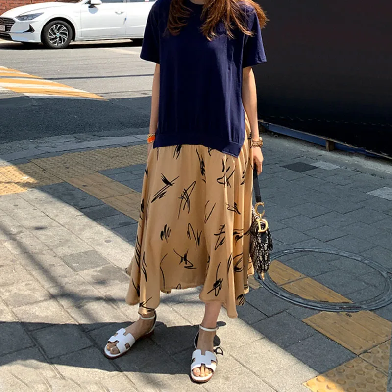 

2021 Autumn Women Plus Size XL-5XL Ladies Long Sleeve T-Shirt Dress Patchwork Print Robe Fake Two Piece Dress 13346
