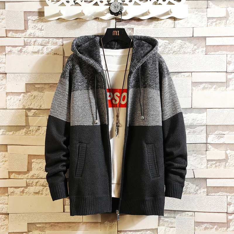 

Y2K Men Winter Sweaters Coats Hooded Cardigans Sweaters Good Quality Men Thicker Warm Casual Cardigans Solid Stand Collar