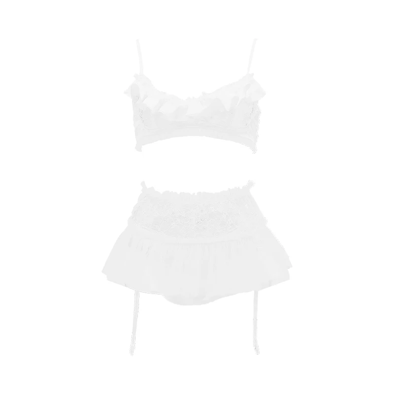 

The New Transparent Solid Strap Bow Temptation Suspenders Sexy Underwear Set White Lace Wire Free Bra and Panty Set with Garter