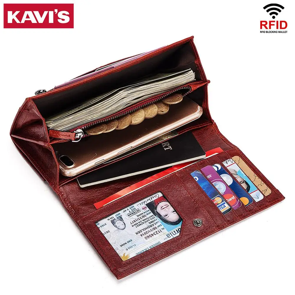 

KAVIS RFID Blocking Leather Women's Clutch Wallet Lady Female Coin Purse Portomonee Clamp For Phone Bag Card Holder Handy Walet