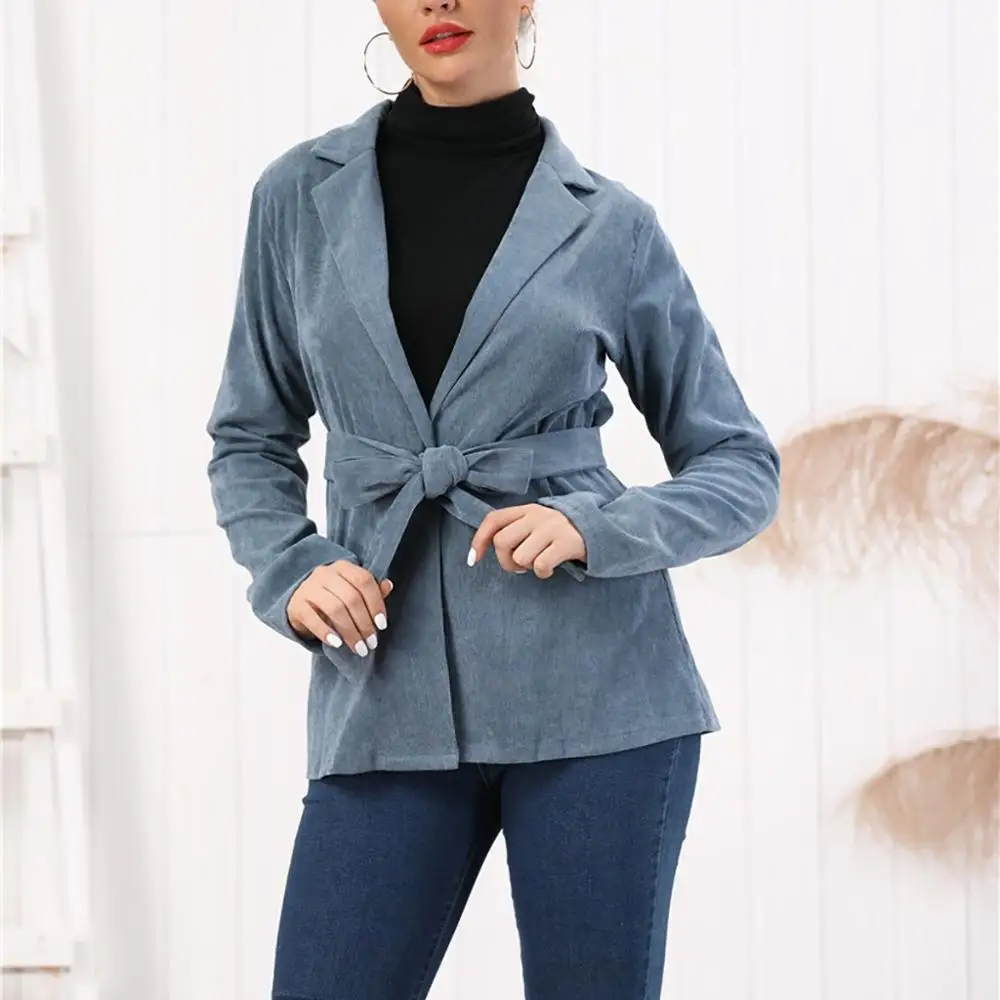 Винтажные вельветовые бандажные пальто Женское зимнее однотонное с длинным