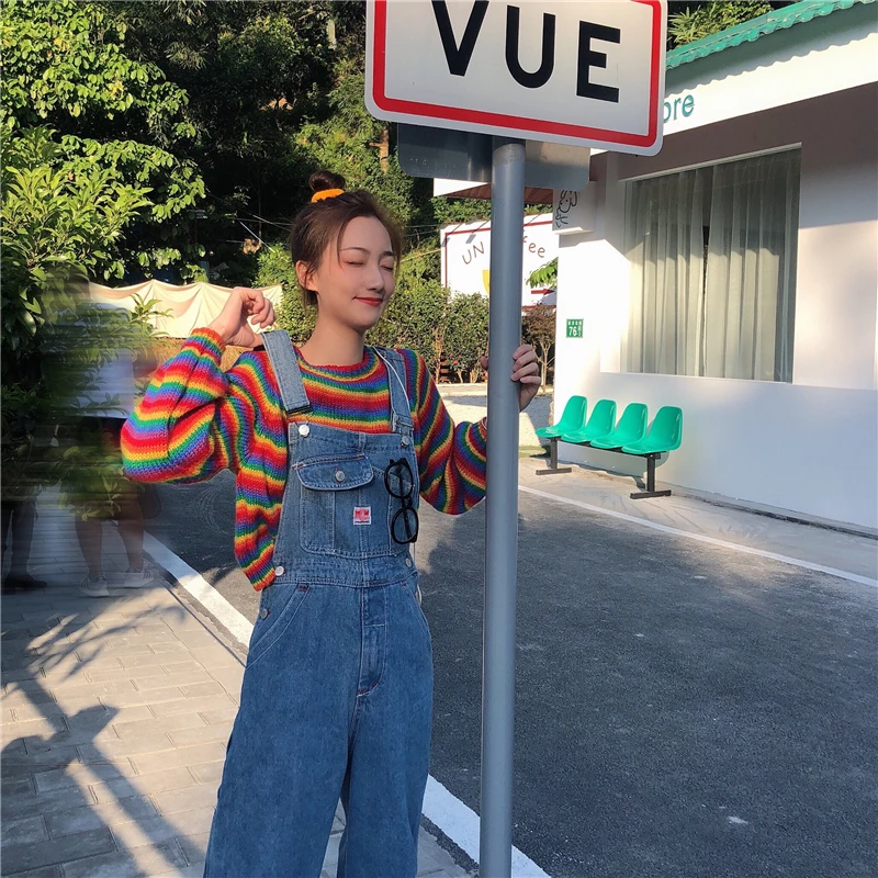 

Autumn New Style Korean Women Sweater Vintage Striped Rainbow Sweaters Female Long-sleeved Pullover Kint Mujer