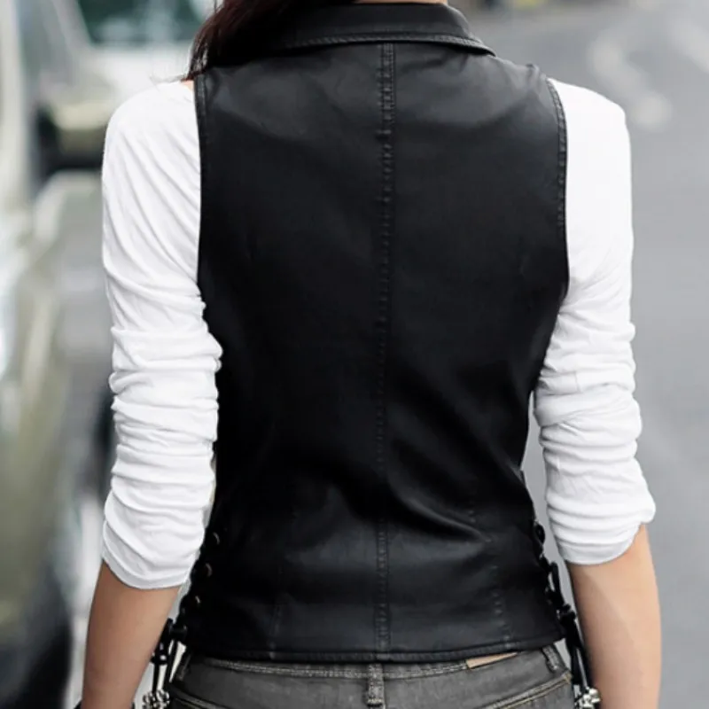Top Quality Punk Pu Leather Jacket Women Waistcoat Slim Fit Belted Casaco Feminino Motorcycle Biker Zipper Colete Plus SZ | Женская