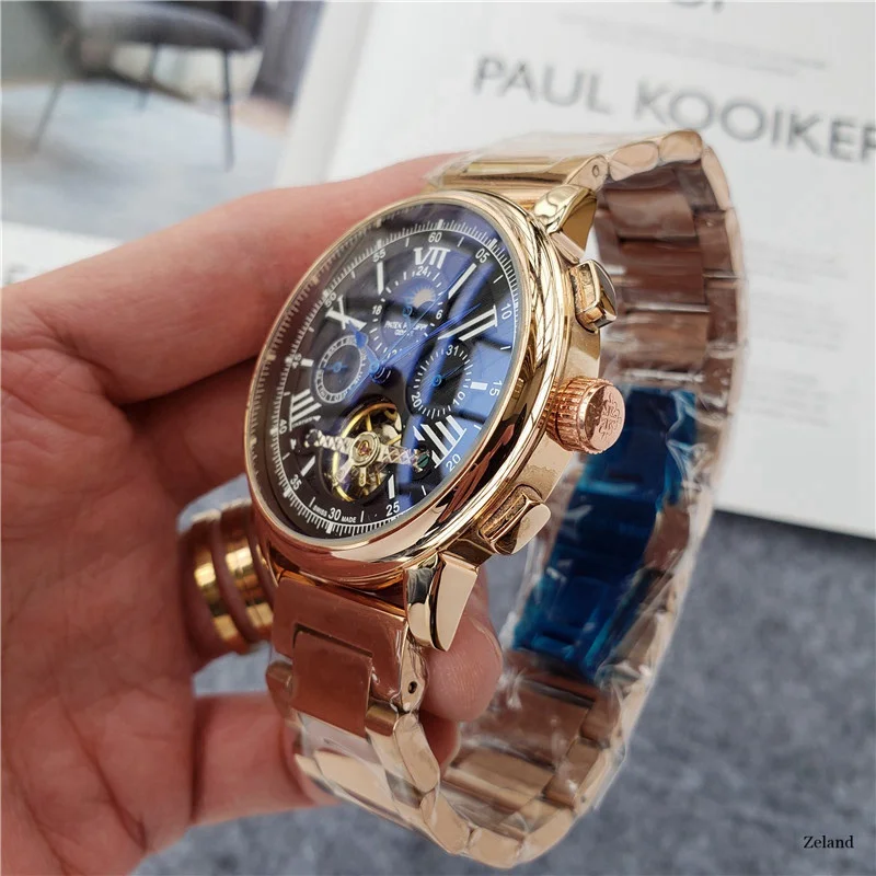

New Automatic Mechanical Men Watch Silver Blue Stainless Steel Transparent Sapphire Glass Glide Watches