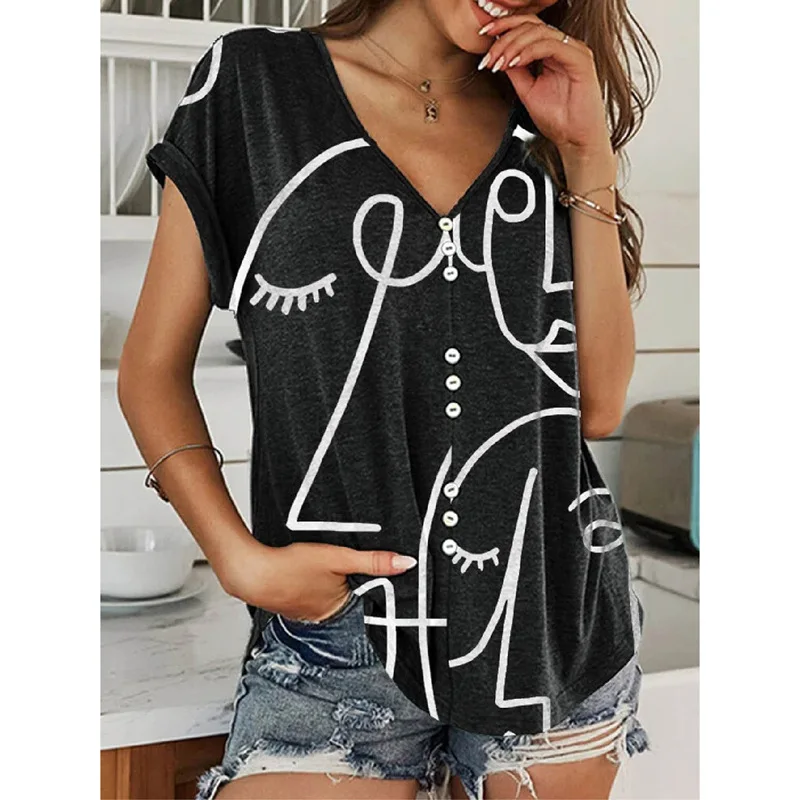 

Summer Casual T-Shirt for Women Fashion Top V Neck Print Short Sleeve T-Shirt Button Loose Tops Women Graphics Tee Clothing
