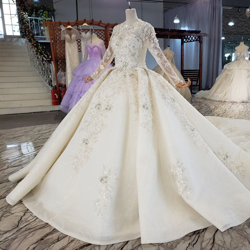 HTL1042 Bridal Vintage Wedding Dresses 2020 Long Train High Neck Long Sleeve Boho Ball Gown Appliques