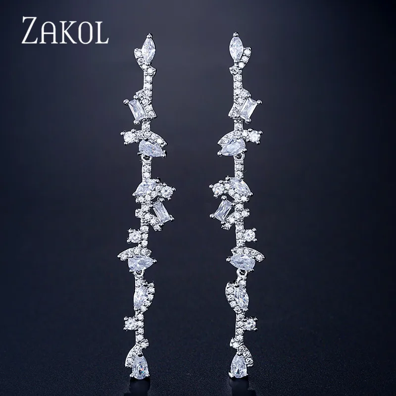 White Color ZAKOL Popular Cubic Zirconia Long Dangle Drop Earrings for Women Fashion Leaf Bridal Wedding Party Dinner Dress Jewelry FSEP2109 - Окраска металла: White Color