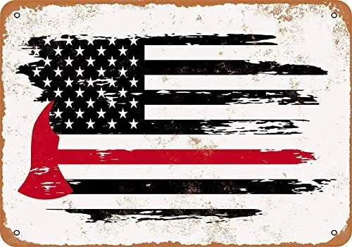 

12 x 16 Inches Metal Sign - Vintage Look Red Line with Axe Firefighter - Vintage Look Tin Signs Wall Decor