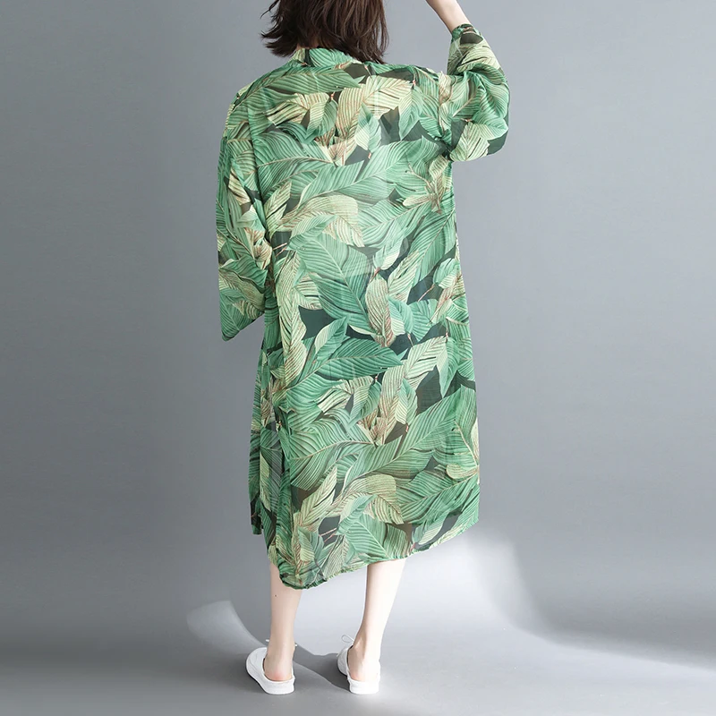 Women Loose Floral Print Blouse Summer Casual Boho Chiffon Coat Shawl Kimono Cardigan Tops Green Shirts Plus 3XL | Женская одежда