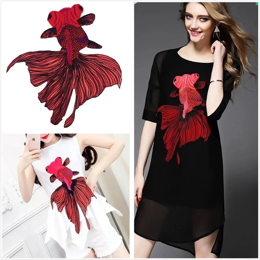 Новые большие красные рыбы вышитые наклейки заплатки аппликация шить на патч для