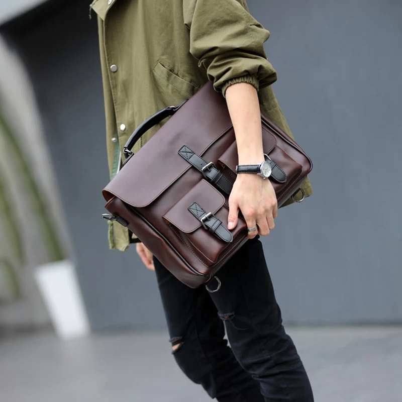

Vintage Casual Men's Shoulder Crossbady Bag Crazy Horse Leather Laptop Briefcase Portable Bag Business Office Work Male Handbags