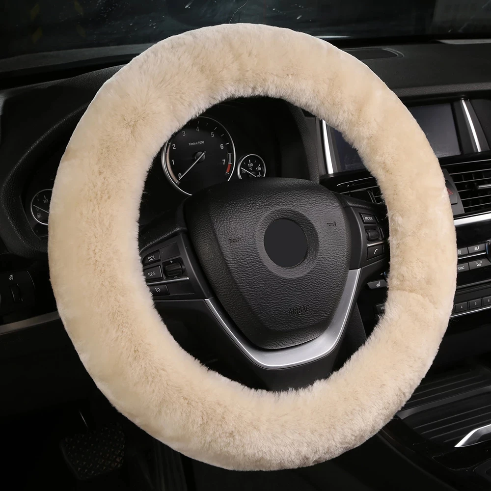 

Authentic Soft Australian Wool Sheepskin Car Stretch-on Steering Wheel Cover Vehicle braid on the steering-Wheel Protector