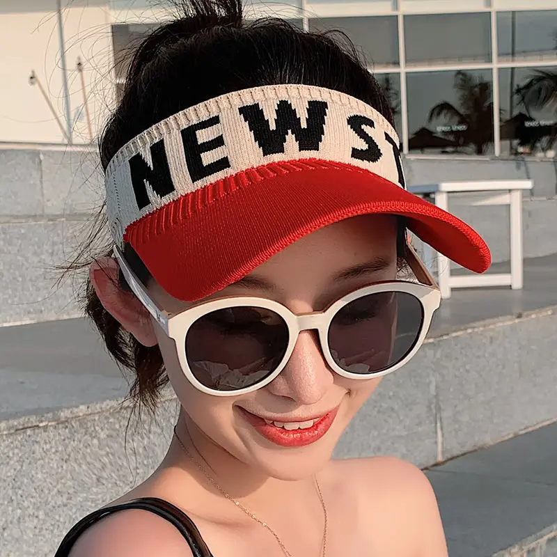 

Pop NEWST Knitted embroidery Hats SPORT Korean English Alphabet Empty Cap Running Sunshade Breathable stripes flexible Hat Women