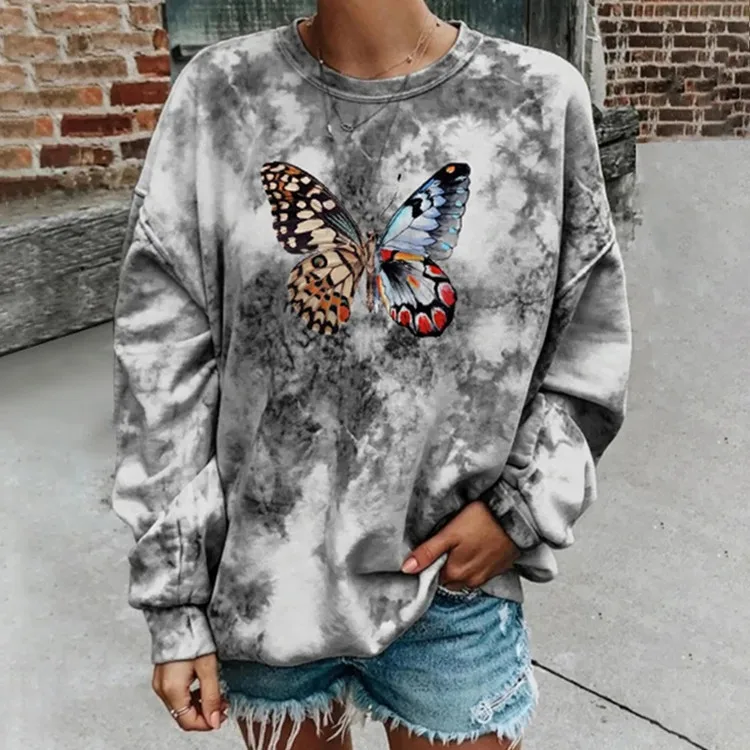 

2020 women clothing butterfly print hoodies sweatshirt tie dye loose casual pullover animal autumn top plus size XXXL