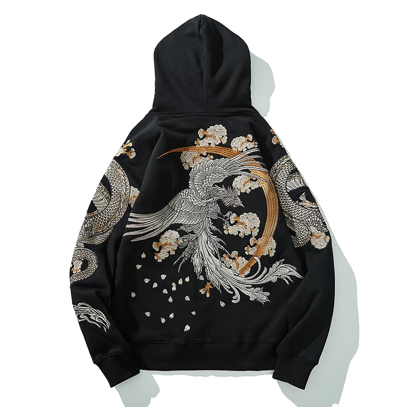 

Autumn/winter Chinese style heavy embroidered dragon/phoenix feather heavy hooded hoodie Japanese yokosuka long-sleeved coat men