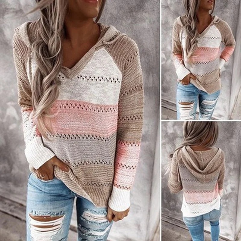 

2021 Autumn and Winter New Striped Sweater Women Casual Loose V Neck Long-sleeved Hollow Out Knitted Sweater Pullover Women