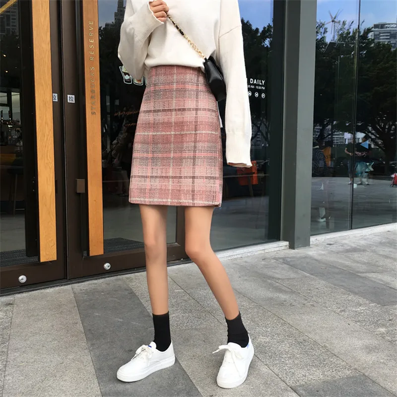 Thicken Vintage High Waist Pink Wool Autumn Winter Skirt Female Korean Sweet Mini Plaid Falda Mujer A Line School Women Skirts