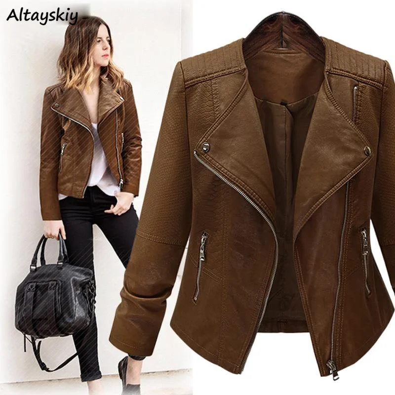 

Jackets for Women PU Leather Plus Size Turn-down Collar Solid All-match Jacket Womens Simple Slim Elegant Ladies European Coats