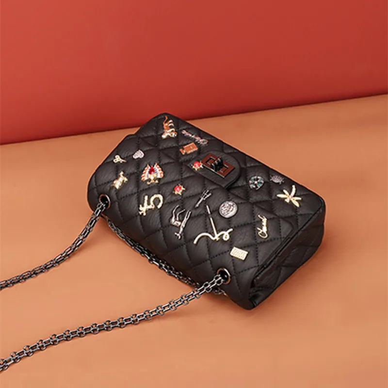 

Top Quality Luxury Brand 100% Leather Diamond Lattice Medal Chain Lock Flap Underarm Bag Designer One-shoulder Crossbody HandBag